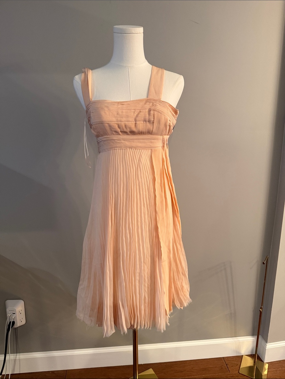 Authentic Prada Peach Pleated Midi Dress with Wide Straps